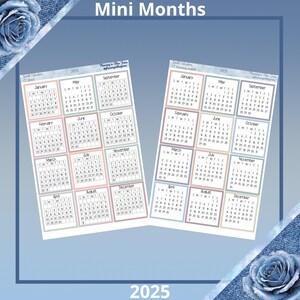 May include: A set of 12 mini monthly calendars for the year 2025. The calendars are printed on white paper with a light blue, pink, and green color scheme. Each calendar is a square with a month name at the top and a grid of days below. The calendars are arranged in a grid of four rows and three columns.