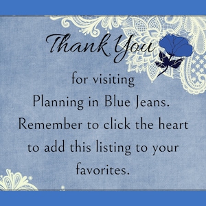 K&ouml;nnte beinhalten: Vielen Dank f&uuml;r Ihren Besuch bei Planning in Blue Jeans. Denken Sie daran, auf das Herz zu klicken, um diese Anzeige zu Ihren Favoriten hinzuzuf&uuml;gen.