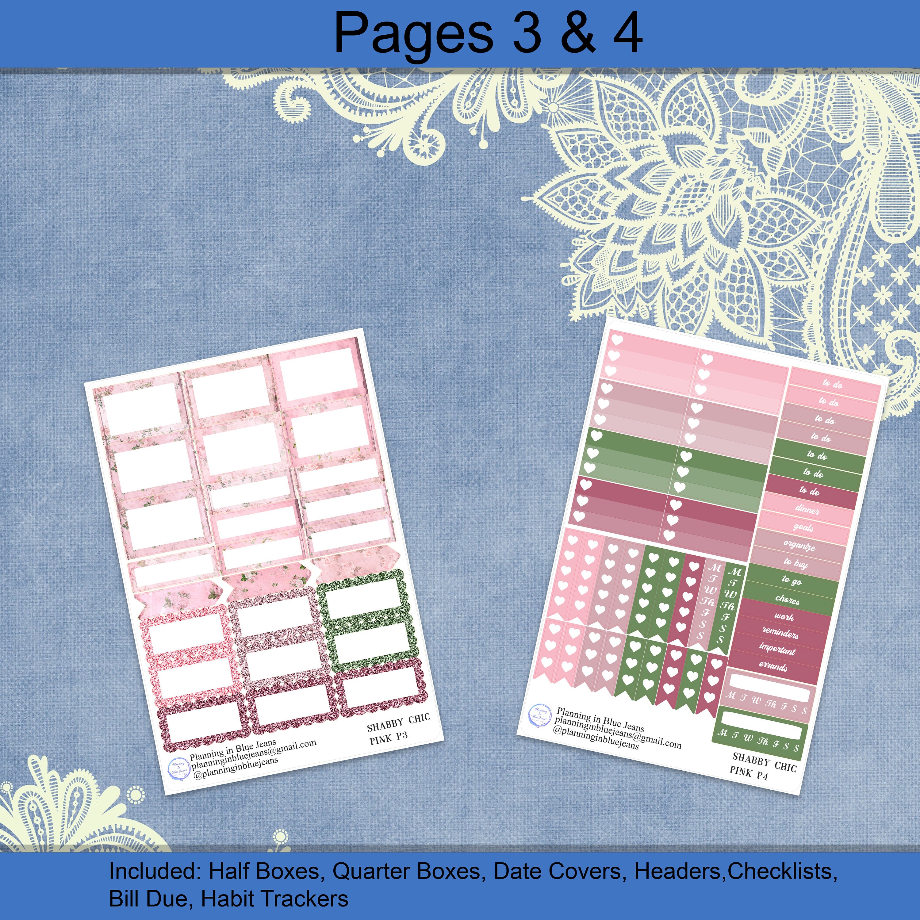 Horizontal - Shabby Chic Pink Sticker Weekly Kit 4, 6, 8 Page or A La ...