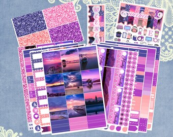 Vertical 7 x 9 - Purple Sunsets Planner Stickers weekly kit 4, 6, 8 page or A La Carte
