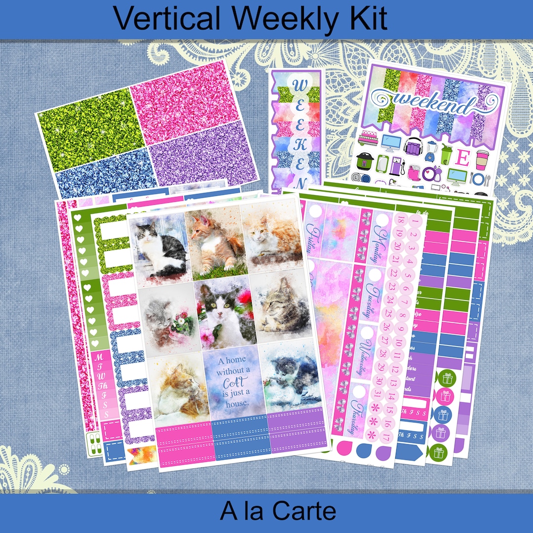 Vertical 7 X 9 - Watercolor Kitties With Flowers Planner Sticker Weekly ...