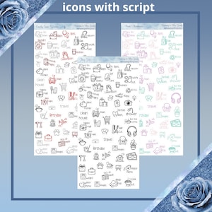 Pode incluir: Um conjunto de adesivos de planejador preto e branco com vários ícones e texto. Os ícones incluem um carro, uma casa, uma xícara de café, um bolo de aniversário e muito mais. O texto inclui "Aniversário", "Viagem", "Limpar a casa", "Correio feliz", "Noite de encontro", e muito mais.