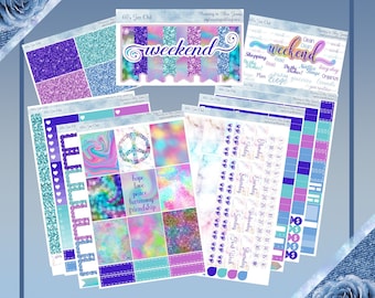 May include: An 8-page vertical weekly planner kit with a blue, purple, and pink color scheme. The kit includes a variety of stickers with glitter, marble, and tie-dye designs. The stickers feature phrases like "weekend", "hope", "love", "peace", "harmony", and "friendship".