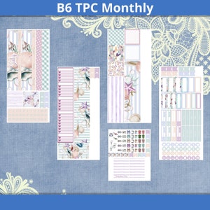 May include: A set of printable planner stickers with a beach theme. The stickers feature seashells, starfish, and a mermaid. The stickers are in shades of blue, pink, and purple. The stickers are labeled "B6 TPC Monthly".