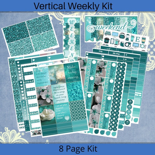 Vertical  - Teal Dreams Planner sticker weekly kit 4, 6, 8 page or A La Cart  Ovarian Cancer Awarenesse
