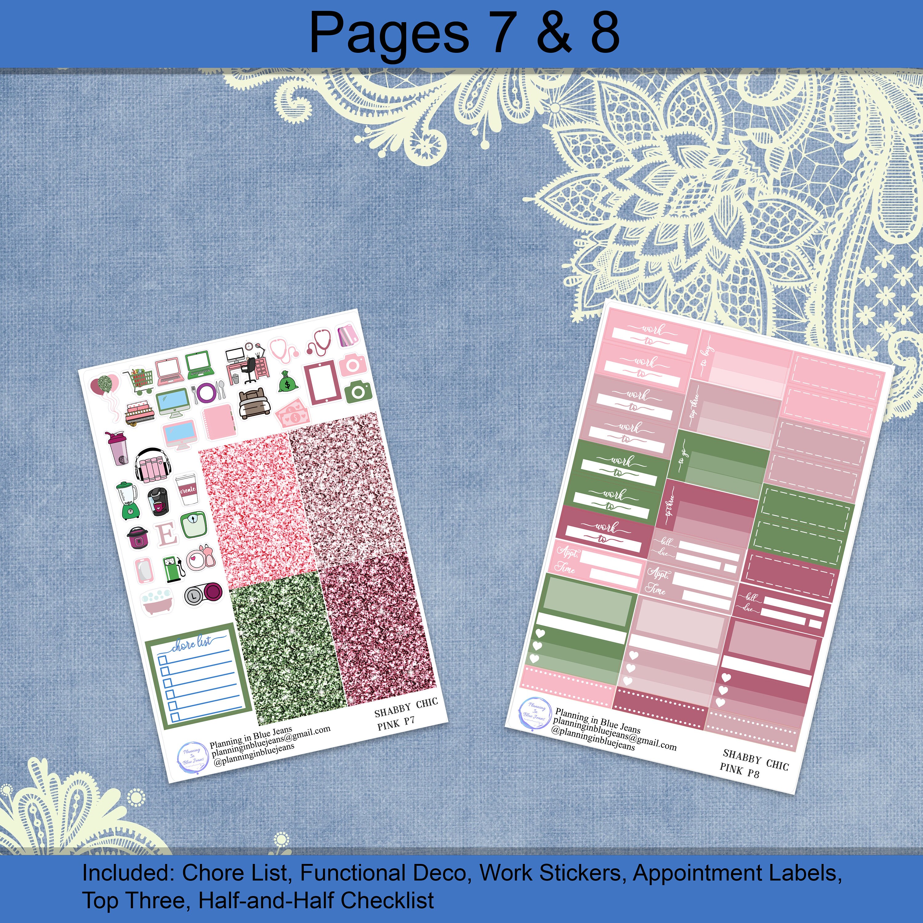 Horizontal - Shabby Chic Pink Sticker Weekly Kit 4, 6, 8 Page or A La ...
