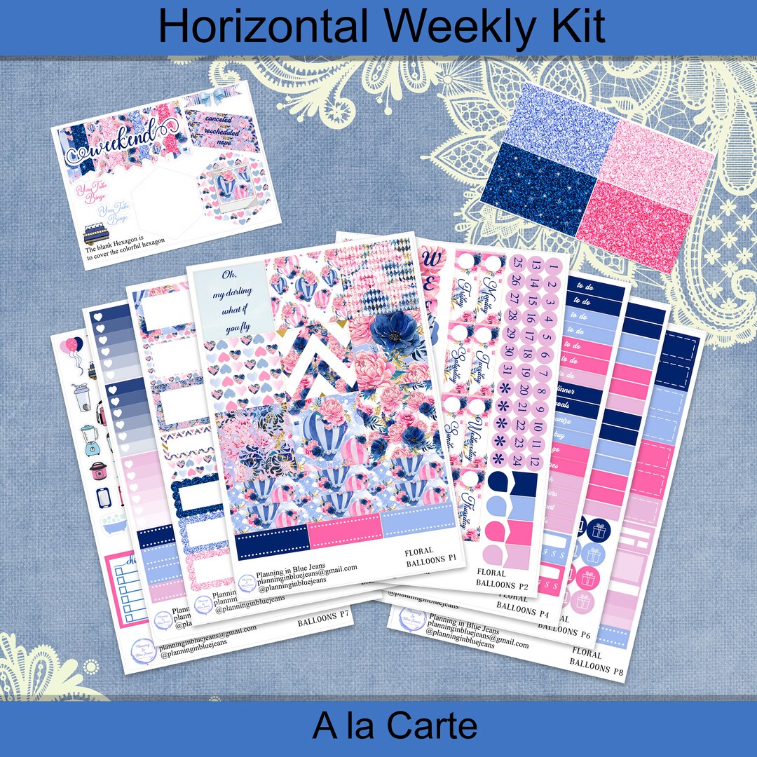 Horizontal - Floral Balloons Planner Sticker Weekly Kit 4, 6, 8 Page or ...