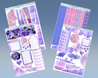 May include: A set of printable planner stickers featuring a watercolor design with purple and pink flowers, stars, and a weekend label. The stickers include various shapes and sizes, including frames, banners, and labels.