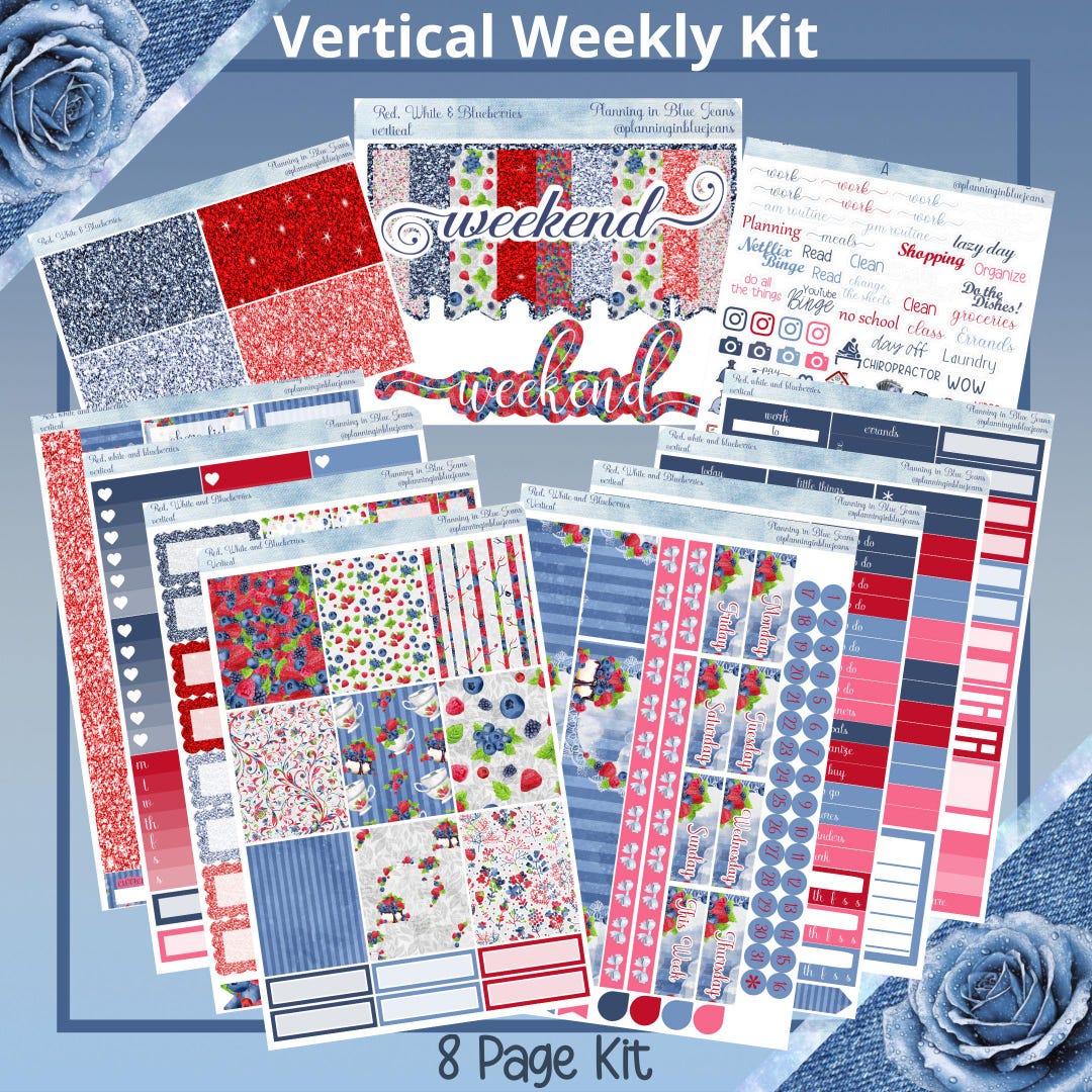 Vertical 7 X 9 - Red, White, and Blueberries, Planner Sticker Weekly ...