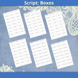 Puede incluir: Un conjunto de pegatinas de planificador imprimibles con diferentes categorías, que incluyen "reunión", "proyecto", "lugar", "cita" y "tarea". Cada hoja de pegatinas tiene 24 casillas con una etiqueta escrita a mano.