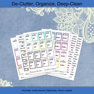 Puede incluir: Un conjunto de pegatinas imprimibles para la organización del hogar. Las pegatinas están codificadas por colores y presentan las palabras "Despejar", "Organizar", "Limpieza profunda", "Purgar", "Preparar", "Clasificar" y "Donar". Las pegatinas están diseñadas para ser utilizadas en un portapapeles u otra herramienta de organización.