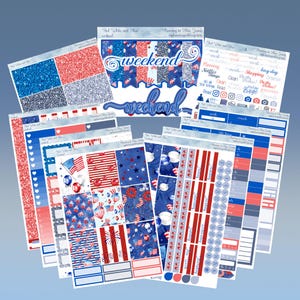 Pionowe 7 x 9 - czerwone, białe i niebieskie, naklejki do planera patriotycznego, zestaw tygodniowy 4, 6, 8 stron lub A La Carte.