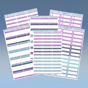 May include: A collection of planner stickers in various designs. The stickers feature glitter and stitched details in shades of purple, blue, and gray. Some stickers have rectangular labels with dotted borders. The text "Running to Mrs. Jones" is visible.