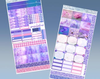 May include: Purple and pink planner stickers with a floral theme. The stickers include a calendar, weekly boxes, daily boxes, and a variety of decorative elements. The text "Dreaming in Blue Gems" is included on the stickers.