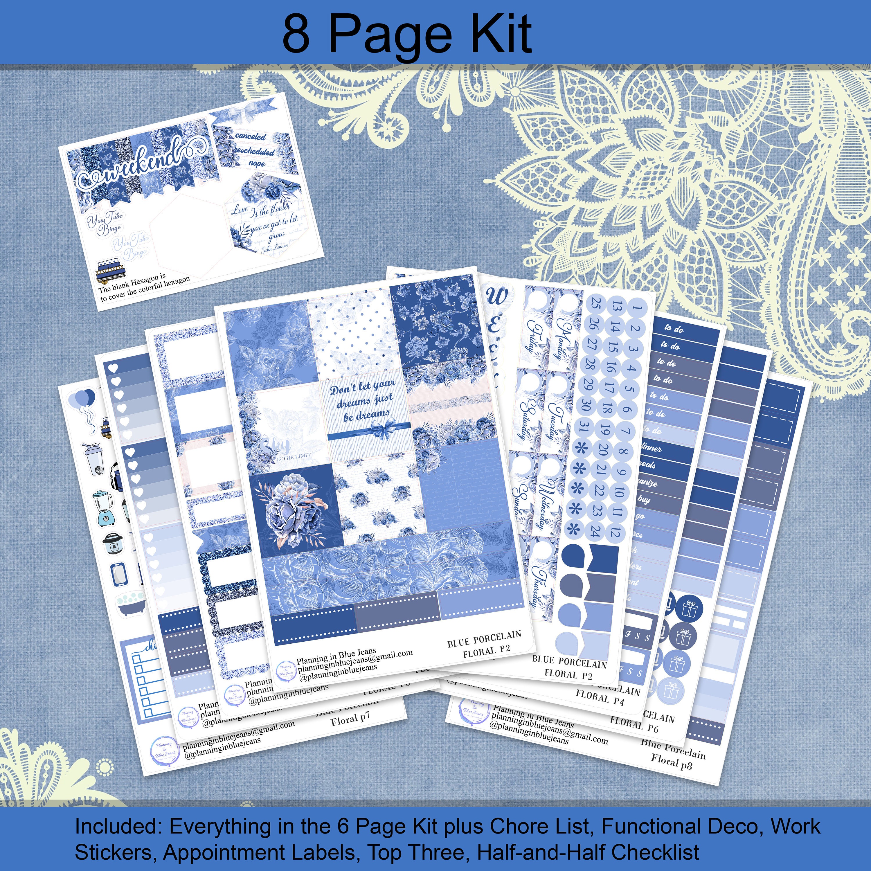 Horizontal - Blue Porcelain Floral Planner Stickers Weekly Kit 4, 6, 8 ...