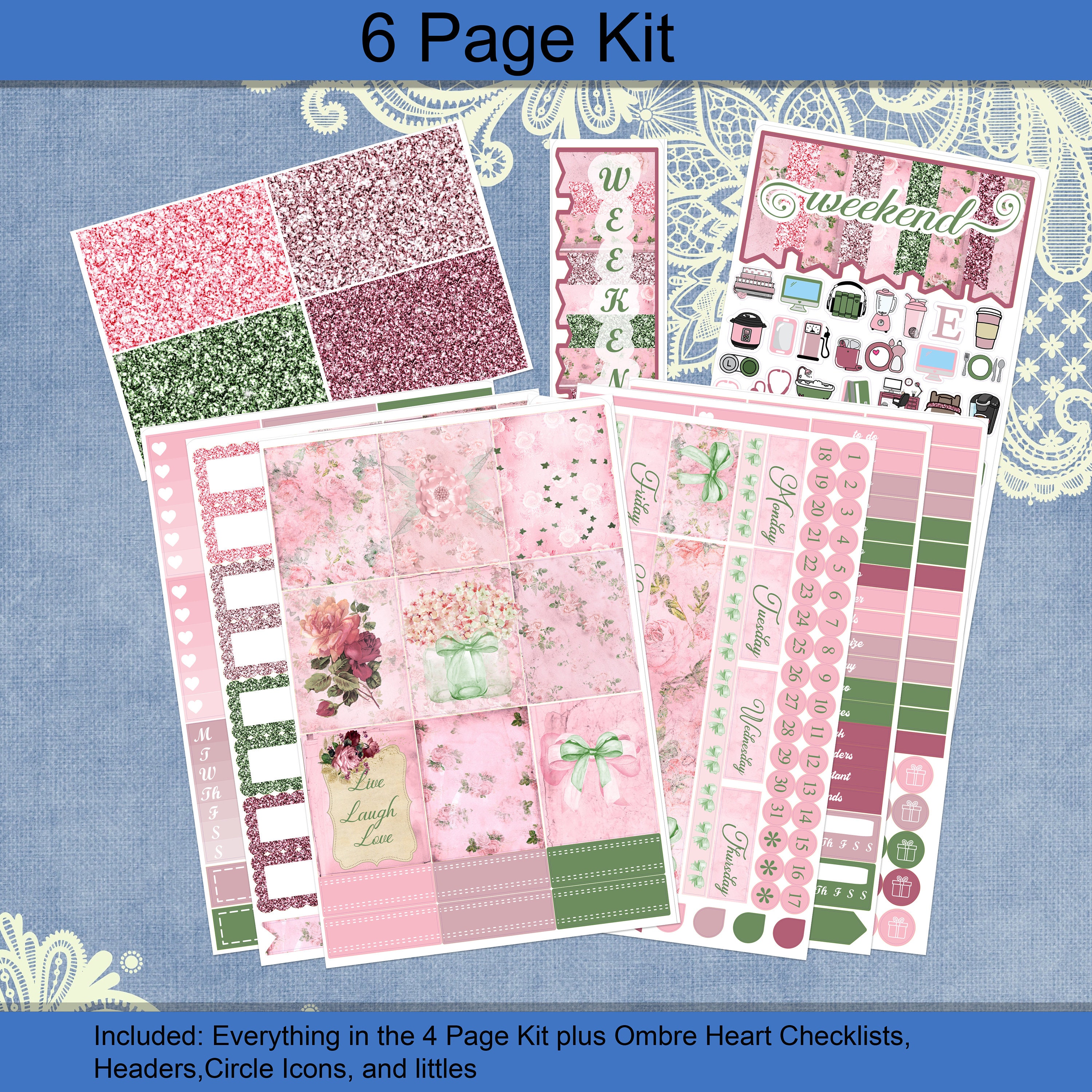 Vertical 7 X 9 - Shabby Chic Pink Sticker Weekly Kit 4, 6, 8 Page or A ...