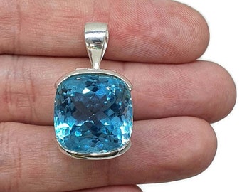 Swiss Blue Topaz Pendant, 37 carats, Sterling Silver, Square Faceted, AAA+ Quality, December Birthstone, Bright Blue Stone, Joyful Gemstone