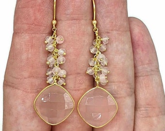 Dangly Gemstone Earrings, Sterling Silver, 14K gold Electroplated, Checkerboard Faceted, Beaded drops, Assorted Gemstones, Genuine Gemstones
