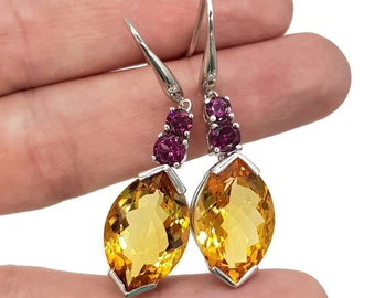 Citrine, Rhodolite & Sapphire Earrings, 925 Sterling