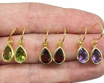 Peridot, Amethyst or Garnet Earrings, Sterling Silver, 14K gold plated, August, February & January Birthstones, Pear Shaped, Natural Gems