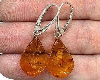 Baltic Amber Earrings, Pear Shaped, 50 million years old, Sterling Silver, Fossilized Tree Resin, Cognac Amber, Balance, Wisdom, Strength