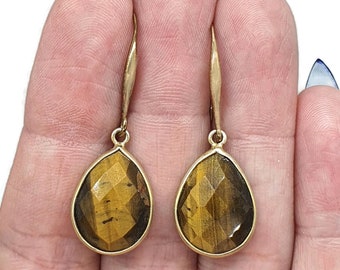 Tiger's Eye Earrings, Pear Shaped, Sterling Silver, 14k Gold Plated, Courage & Strength, Protection Amulet, Confidence, Action, Creativity
