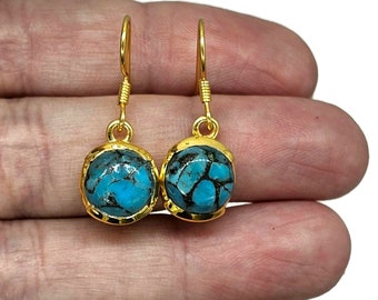 Blue Turquoise Earrings, Gold Plated Sterling Silver, Round Shaped, Protection Stone, Love Stone, December Birthstone, Genuine Turquoise