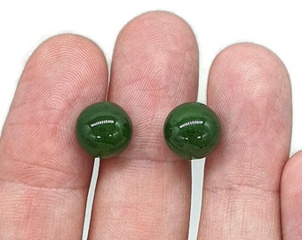 Canadian Jade Ball Studs, Sterling Silver, Deep Green Jade Balls, British Columbia Nephrite Jade, Virgo Zodiac Stone, Good Luck Gemstone