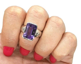 Amethyst Rectangle Ring, size 7.25, 925 Sterling Silver, White Zircon