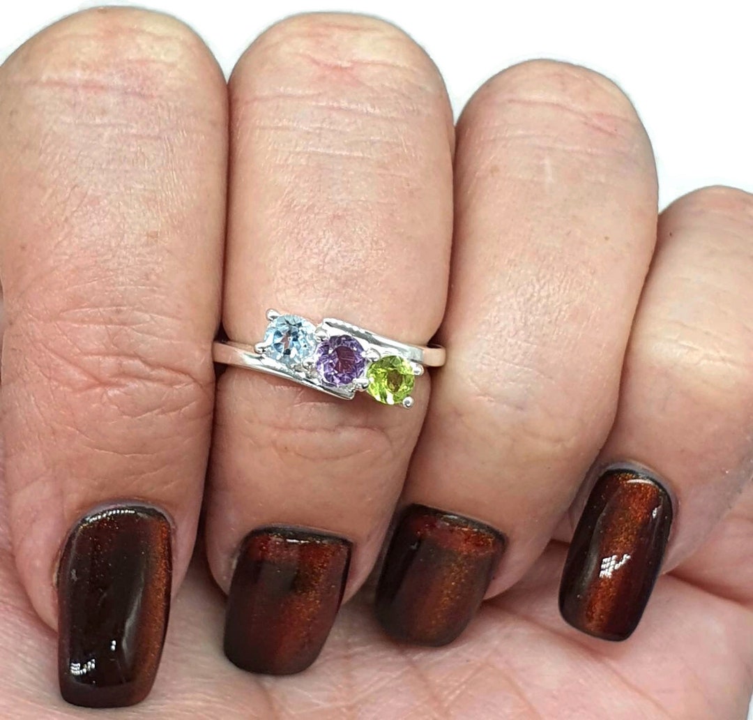 Bague En Argent Avec Améthyste, Péridot, Citrine Et Zircons - Pierres Fines 7x6 Mm Et 4x1,5 Mm