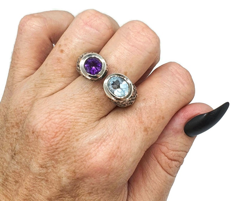 Oxidized  Ring Protection Sterling Silver February and December Birthstones Massive Statement Ring Amethyst /& Blue Topaz Ring Size 8.5