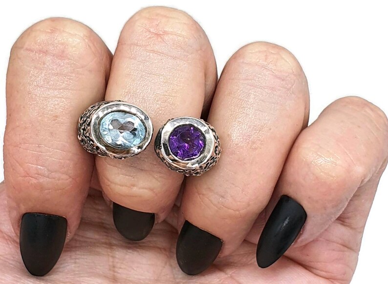 Oxidized Ring Protection Sterling Silver February and December Birthstones Massive Statement Ring Amethyst /& Blue Topaz Ring Size 8.5