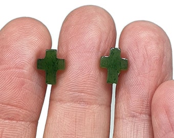 Canadian Jade Cross studs, Sterling Silver, Deep Green Jade, British Columbia Nephrite Jade, Virgo Zodiac Stone, Good Luck Gem, Religious