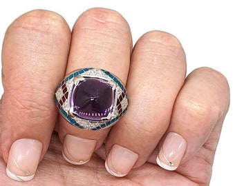 Amethyst, White Zircon & Enamel Ring, Size 7, Sterling Silver, Pyramid Ring, February Birthstone, Cabochon Amethyst Ring, Protection Stone