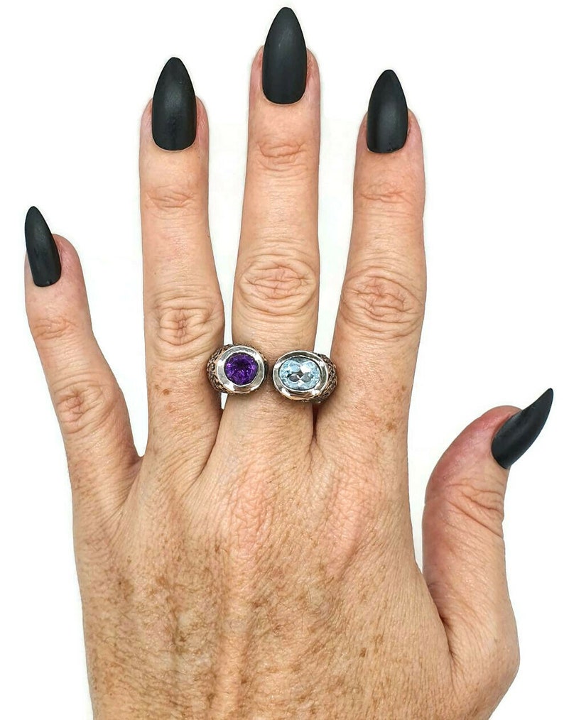Oxidized Ring Protection Sterling Silver February and December Birthstones Massive Statement Ring Amethyst /& Blue Topaz Ring Size 8.5