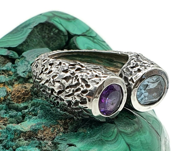 Oxidized Ring Protection Sterling Silver February and December Birthstones Massive Statement Ring Amethyst /& Blue Topaz Ring Size 8.5