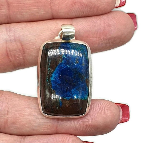 Shattuckite Pendant, Vivid Blue & Brown Colours, Sterling Silver, Rectangle Shaped, Spirit Guide Gemstone, Psychic Gift Stone, Natural Stone