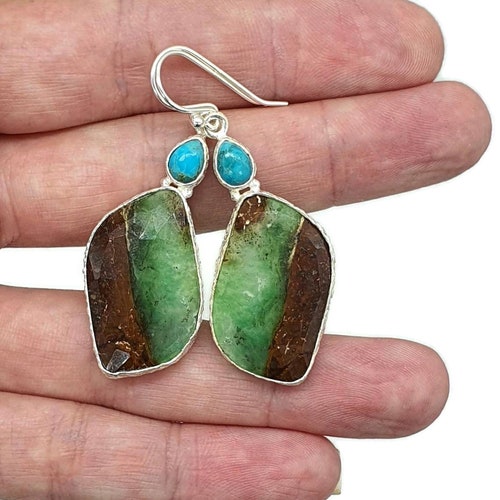 Chrysoprase & Turquoise Earrings, Sterling Silver, Statement, Chalcedony Variety, Joy and Happiness shops Gemstone, Love Stone, Abundance Stone