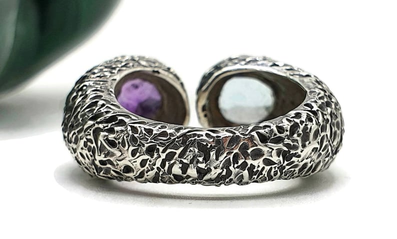 Oxidized Ring Protection Sterling Silver February and December Birthstones Massive Statement Ring Amethyst /& Blue Topaz Ring Size 8.5