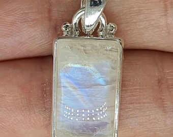 Rectangle Rainbow Moonstone Pendant, Sterling Silver, Goddess Gemstone, Soul Talisman, Psychic Protection, Aura Gemstone, Lucid Dream Stone