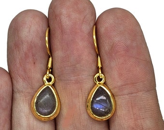 Gold Labradorite Earrings, Gold Plated Sterling Silver, Purple Labradorite, Genuine, Pear Shaped, Magical Gem, Leo Scorpio Sagittarius Gem