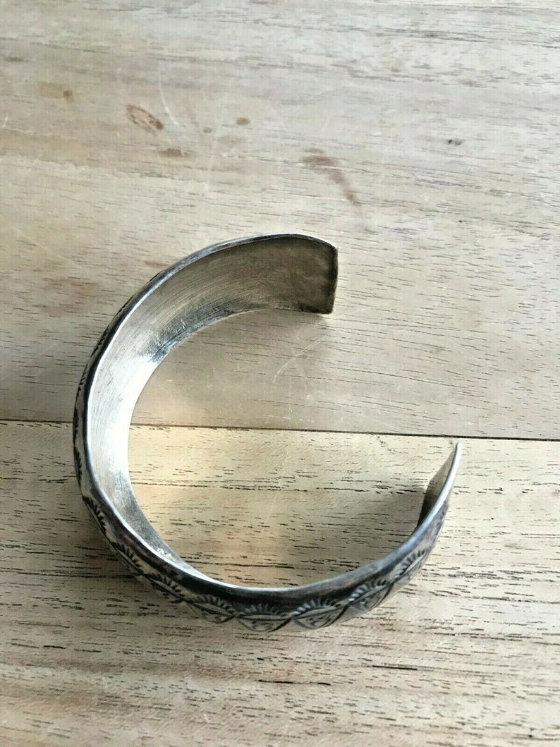 Eva Sando Pueblo Stamped Silver Cuff Bracelet Arrowhead Pattern Indian Jewelry