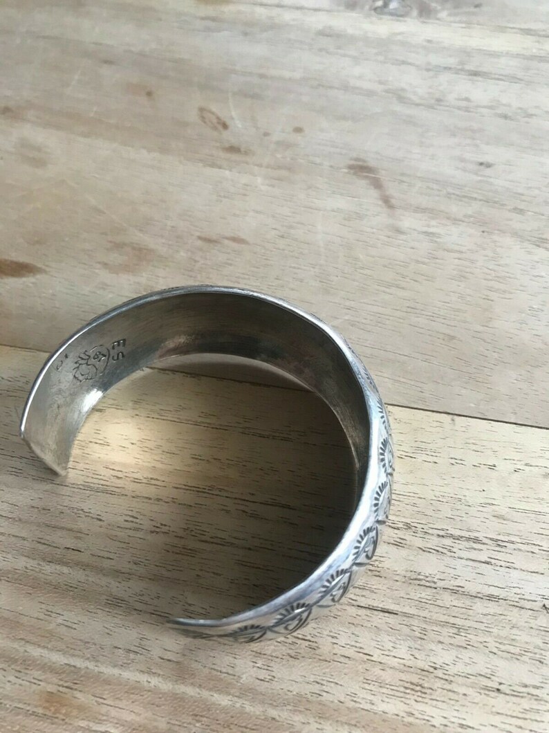 Eva Sando Pueblo Stamped Silver Cuff Bracelet Arrowhead Pattern Indian Jewelry