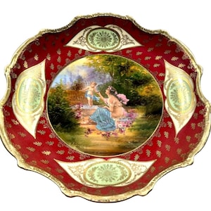 Antique  Royal Vienna Blue Beehive Woman with Cherub Charger Plate