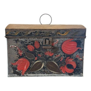 Antique Decorative Tin Toleware Lidded Floral Document Box