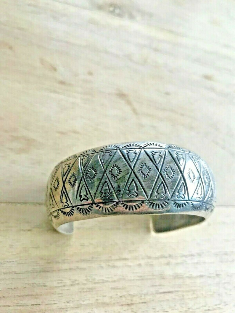 Eva Sando Pueblo Stamped Silver Cuff Bracelet Arrowhead Pattern Indian Jewelry