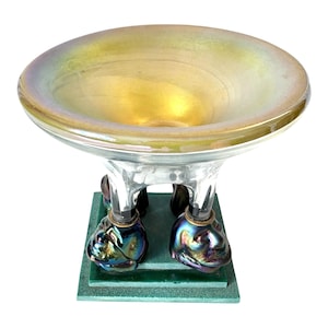 Vintage Opalescent Metallic Studio Art Glass Bowl, Sculptural Head Base