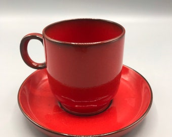 Vintage cup and saucer, red ceramic, 1970s