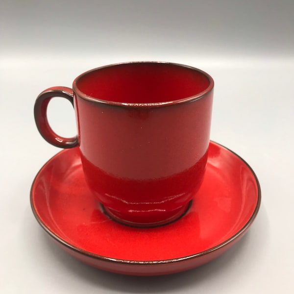 Vintage cup and saucer, red ceramic, 1970s