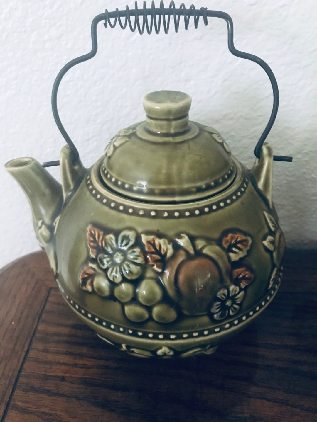 Vintage Green Japanese Teapot 1970s Fruit With Majolica Glaze 45 Cup